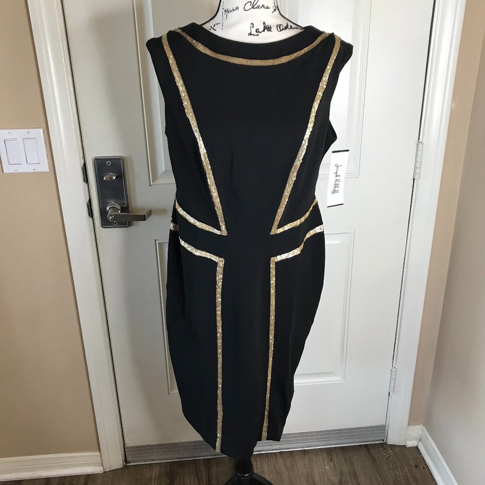 NWT Joseph Ribkoff Sleeveless Sequin Trim Sheath Dress Black/Gold